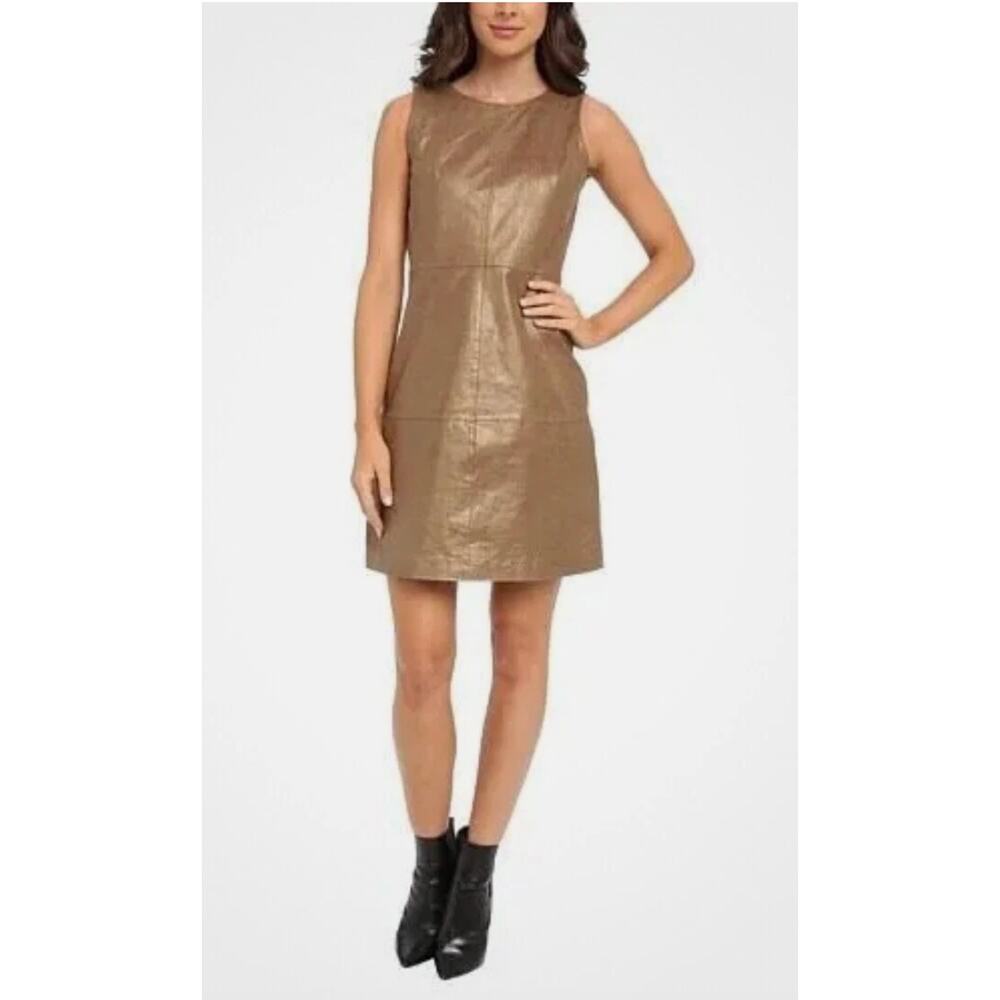 Badgley Mischka Womens 8 Brown Gold Shimmer Leather Belle Midi Shift Dress